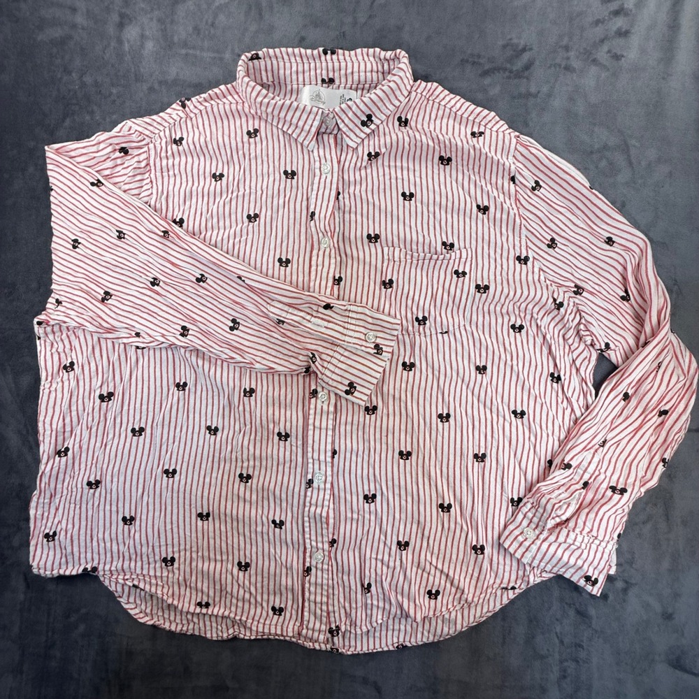 Disney Mickey ears hat button down shirt 2XL‎ XXL red white stripe womens